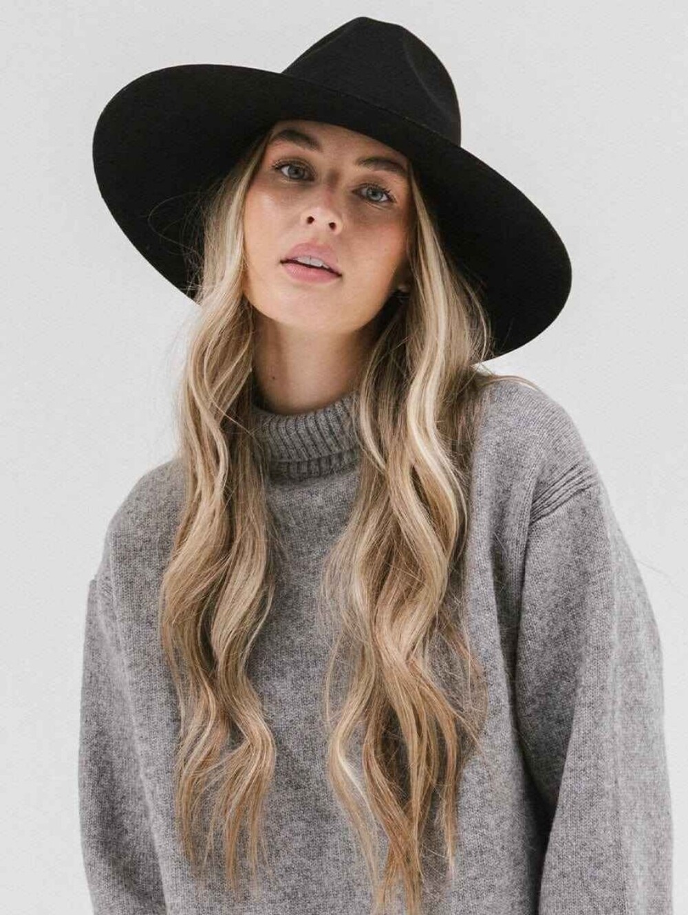 Gigi Pip Scottie Wide Brim Black Wool Fedora Hat with Leather Band